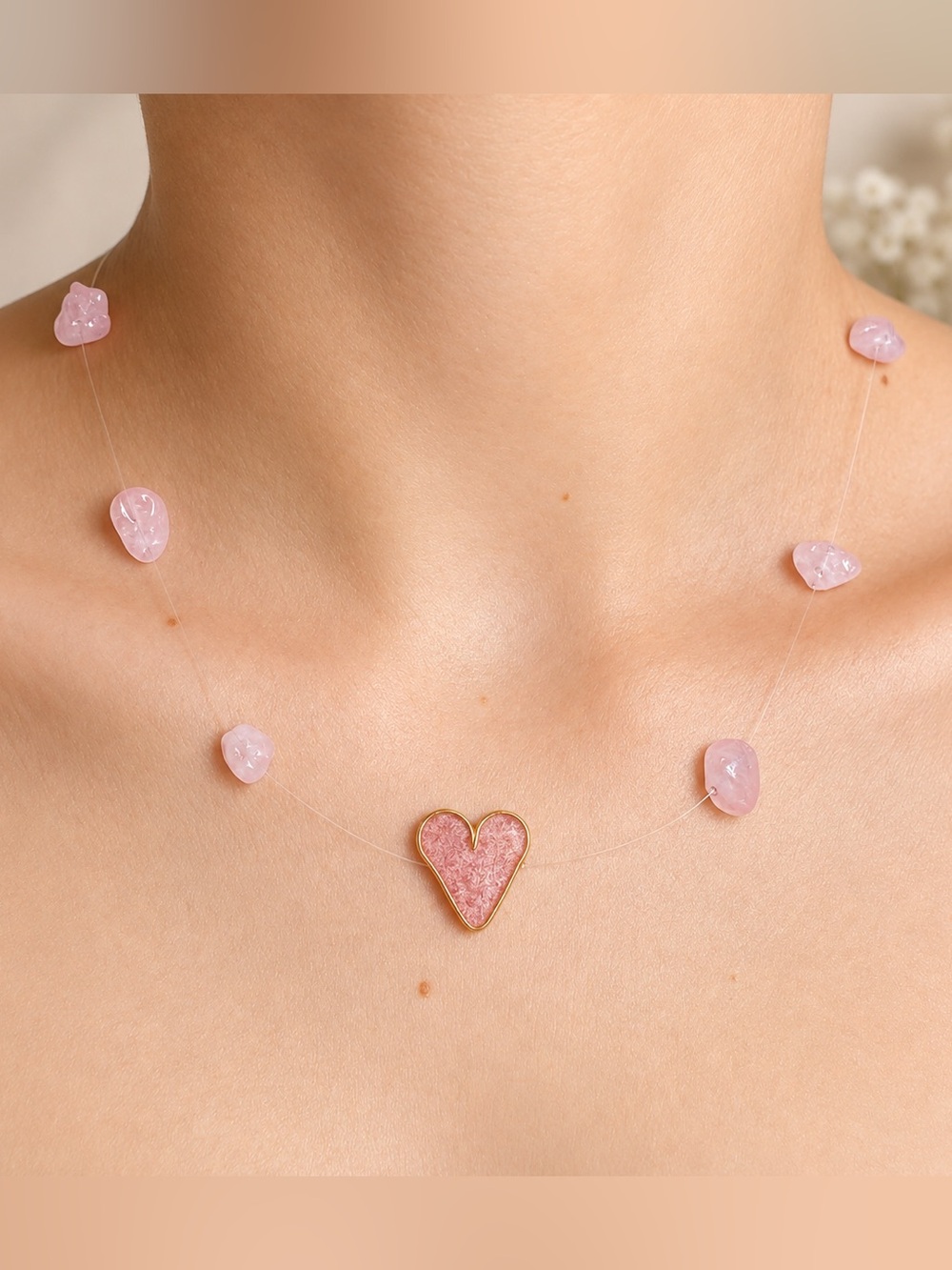 Rose Quartz Heart Floating Necklace – Handmade Pink Resin Heart Jewelry